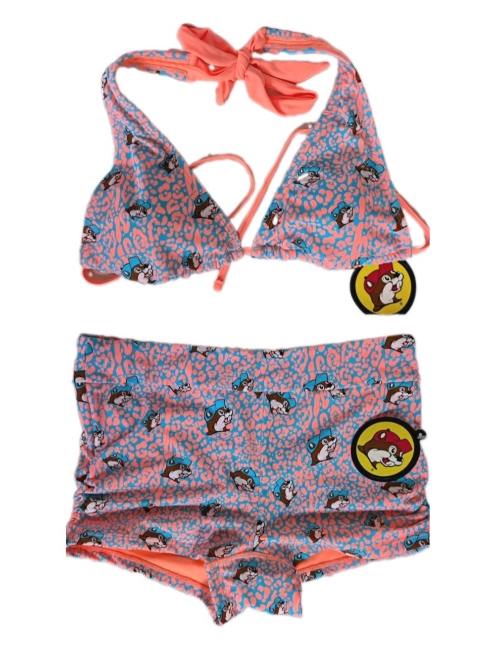 Bucee's Women's 2 Piece Bikini Swimsuit M Orange Blue Animal Print Halter Shorts